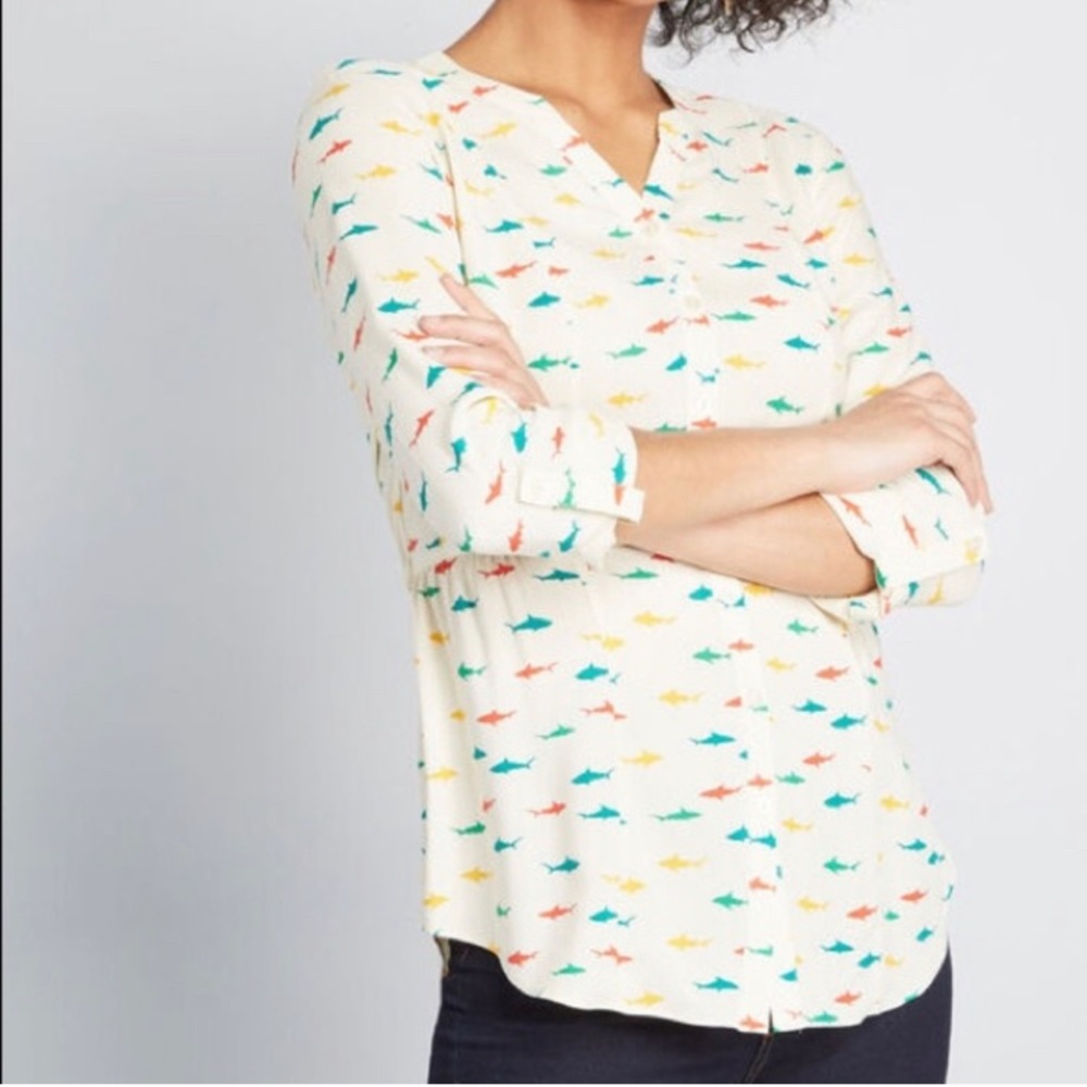 Modcloth Trusty Traveler Shark-Print Drawstring Blouse